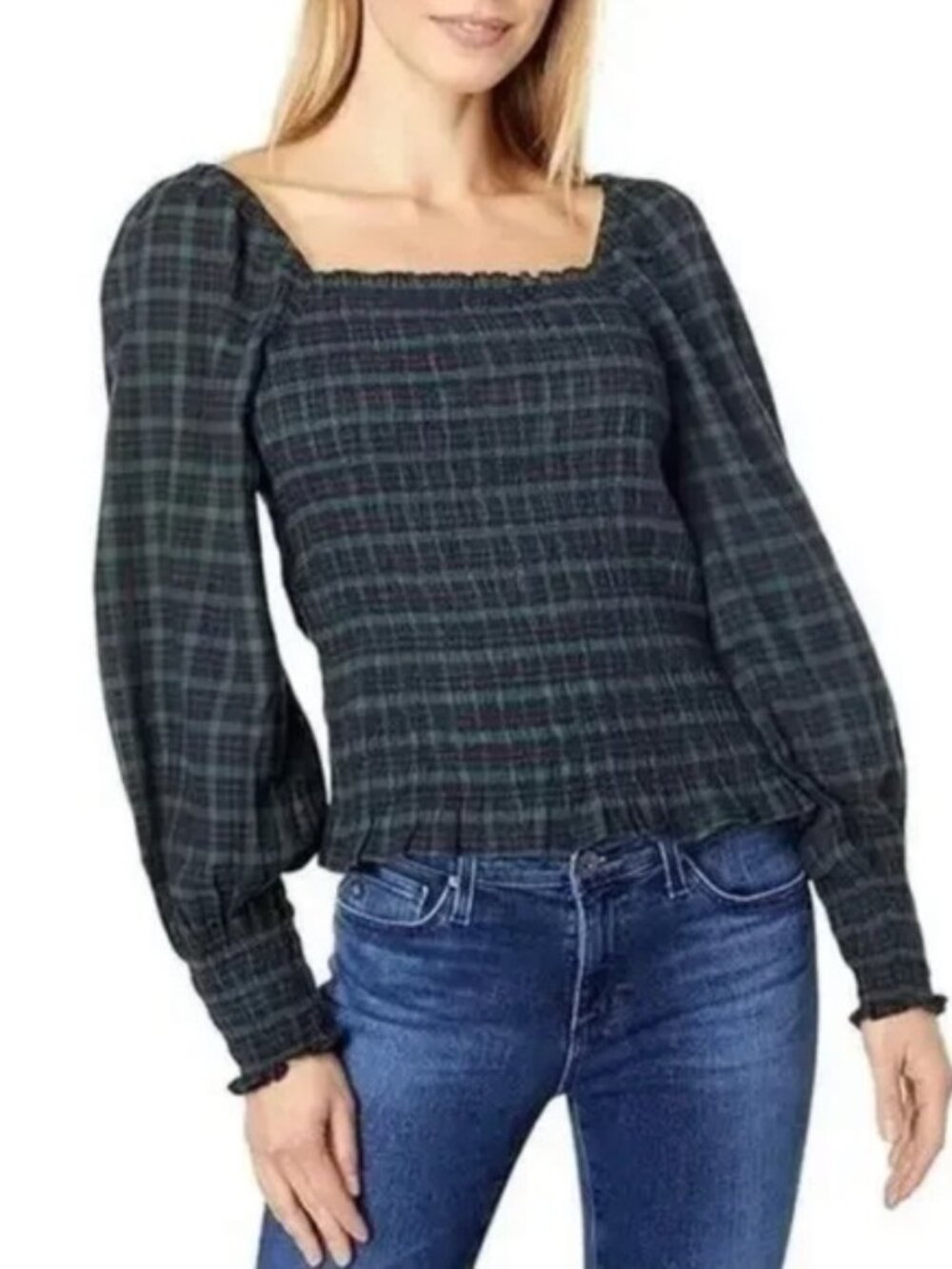 Madewell Lucie Smocked Bodice Bubble Sleeve Navy and Green Plaid Blouse XS GUC